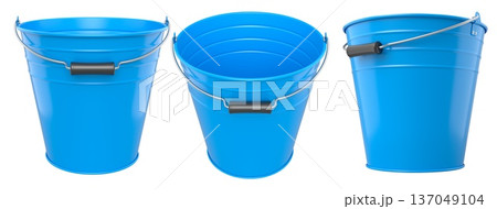 Set of metal buckets with plastic handles isolated on white background, concept of tools, storage, or gardening Set of metal buckets with plastic handles isolated on white background, concept of tools, storage, or gardening 137049104