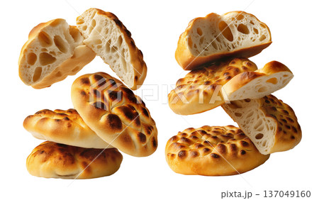 Set of Egypt Baladi baked bread, Egyptian rustic and whole-grain flatbreads stacked in a pile, on white background, bakery food Set of Egypt Baladi baked bread, Egyptian rustic and whole-grain flatbreads stacked in a pile, on white background, bakery food 137049160