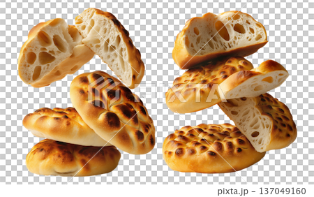 Set of Egypt Baladi baked bread, Egyptian rustic and whole-grain flatbreads stacked in a pile, on white background, bakery food 137049160