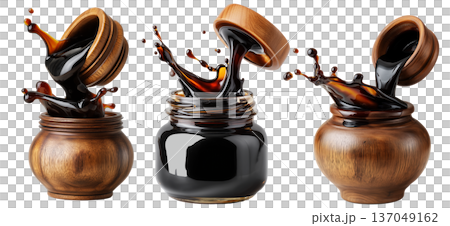 Set of Egyp Molasses black syrup jar splashing from a polished jar, isolated on white background, concept of Arabic Cuisine 137049162