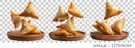Set of Briouat triangular fruit filled pastries, phyllo pastries filled with meat or almonds on white, Arabic sweet desserts Set of Briouat triangular fruit filled pastries, phyllo pastries filled with meat or almonds on white, Arabic sweet desserts 137049164