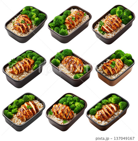 Healthy grilled chicken, brown rice, and broccoli in a black plastic meal container isolated on white transparent background 137049167
