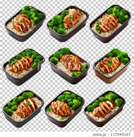 Healthy grilled chicken, brown rice, and broccoli in a black plastic meal container isolated on white transparent background 137049167