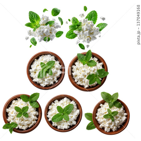 Fresh cottage cheese in wooden bowl garnished with green mint leaves, isolated on white transparent background Fresh cottage cheese in wooden bowl garnished with green mint leaves, isolated on white transparent background 137049168