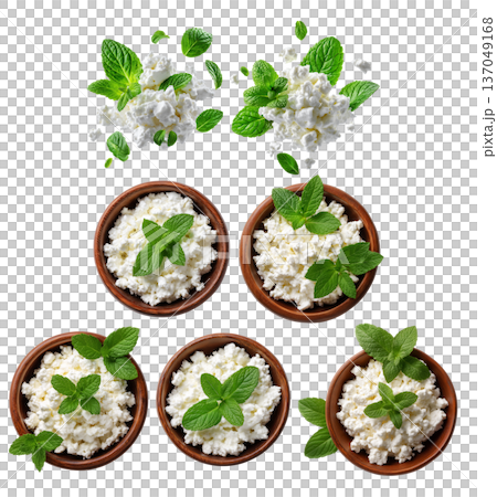 Fresh cottage cheese in wooden bowl garnished with green mint leaves, isolated on white transparent background Fresh cottage cheese in wooden bowl garnished with green mint leaves, isolated on white transparent background 137049168