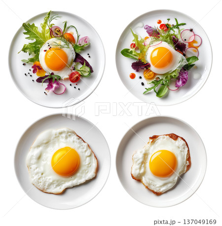 Salad with fried egg, fresh greens and vegetables isolated on white transparent background, top view. 137049169