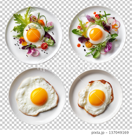 Salad with fried egg, fresh greens and vegetables isolated on white transparent background, top view. 137049169