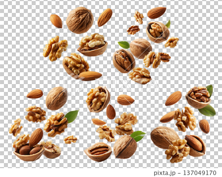 Whole and cracked walnuts with almonds and fresh green leaves, isolated on white transparent background, concept of healthy eating 137049170