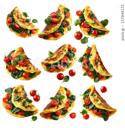 Omelet filled with spinach and cherry tomatoes, isolated on white background, concept of healthy breakfast and nutrition 137049171