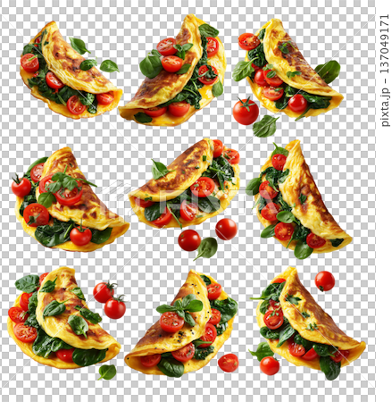 Omelet filled with spinach and cherry tomatoes, isolated on white background, concept of healthy breakfast and nutrition 137049171