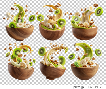 Fresh banana, kiwi, crunchy walnuts and granola with creamy yogurt smoothie splash in wooden bowl isolated on white background Fresh banana, kiwi, crunchy walnuts and granola with creamy yogurt smoothie splash in wooden bowl isolated on white background 137049175