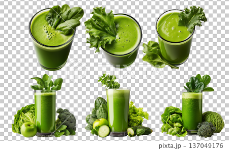 Fresh green smoothie in glass surrounded by lettuce, cucumber, spinach, and apple, isolated on white background 137049176