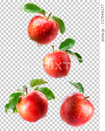 Juicy red apples with green leaves and water droplets, isolated on white background, concept of freshness and health Juicy red apples with green leaves and water droplets, isolated on white background, concept of freshness and health 137049177