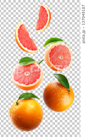 Fresh whole and sliced grapefruits with green leaves and water drops on white background, citrus freshness and fruit pattern 137049187