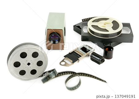 Vintage Media Collection with Film Reels and Projector 137049191