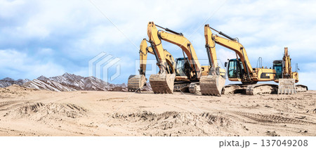 A fleet of powerful excavators is ready to tackle a major construction project. Construction equipment rental A fleet of powerful excavators is ready to tackle a major construction project. Construction equipment rental 137049208