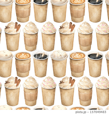 Cappuccino, americano, latte are hand-drawn on a white background. A seamless watercolor pattern featuring various coffee drinks. Perfect for a cafe or coffee shop, as well as for print. 137049483