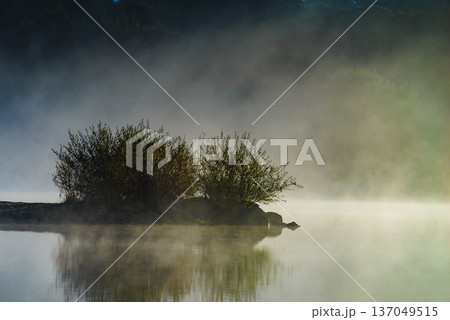 Morning fog over autumn lake water Morning fog over autumn lake water 137049515