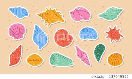 Flat vector sticker set of various colorful seashells on sandy background Flat vector sticker set of various colorful seashells on sandy background 137049595