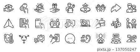 Hold smartphone, Dont touch and Hold box line icons pack. Share, Message, Paper plane icons. Contactless payment, Loyalty program, Medical help web icon. Like, Equality, Genders pictogram. Vector 137050247