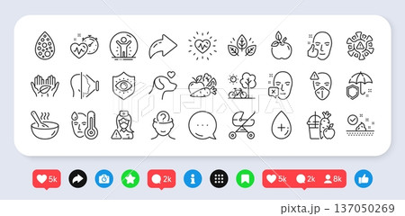 Cook, Skin care and Heartbeat line icons pack. Social media: share, comment, like icons. Medical mask, Umbrella, Vegetables web icon. Face id, Nurse, Coronavirus pictogram. Vector Cook, Skin care and Heartbeat line icons pack. Social media: share, comment, like icons. Medical mask, Umbrella, Vegetables web icon. Face id, Nurse, Coronavirus pictogram. Vector 137050269