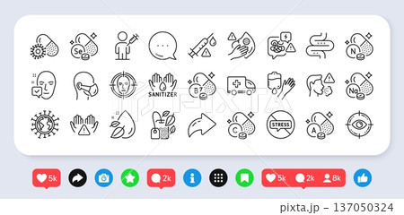 Water drop, Ambulance emergency and Stop stress line icons pack. Social media: share, comment, like icons. Vaccine attention, Biotin vitamin, Intestine web icon. Vector Water drop, Ambulance emergency and Stop stress line icons pack. Social media: share, comment, like icons. Vaccine attention, Biotin vitamin, Intestine web icon. Vector 137050324