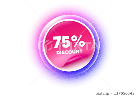 Discount sticker purple gradient. Paper offer price tag. 75 percent discount tag. Sale offer price sign. Special offer symbol. Sticker label. Grain dots effect. Vector 137050348