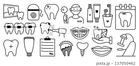 Dentistry black line icons, linear stomatology signs set. Monochrome outline dental tools, oral hygiene clipart bundle. Various vector isolated symbols Dentistry black line icons, linear stomatology signs set. Monochrome outline dental tools, oral hygiene clipart bundle. Various vector isolated symbols 137050462