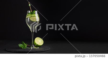 Elegant cocktail Martini Royale garnished with lime slices and fresh mint leaves on dark background Elegant cocktail Martini Royale garnished with lime slices and fresh mint leaves on dark background 137050466