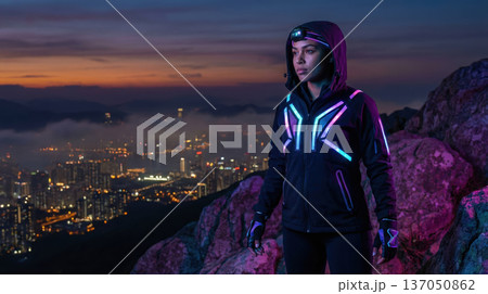 Woman in futuristic neon jacket standing on mountain overlooking city 137050862