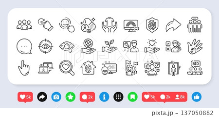 Repairman, Fingerprint access and Online auction line icons pack. Social media: share, comment, like icons. Outsource work, Conjunctivitis eye, Lgbt web icon. Vector 137050882