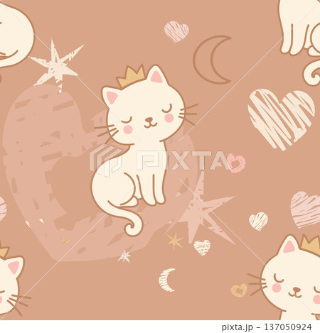Seamless Pattern of Cute Princess Cat Wearing Crown with pastel-colored hearts, stars, moons, on beige Background 137050924