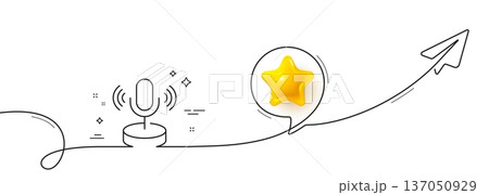 Microphone line icon. Continuous line with share plane. Podcast mic sign. Radio interview symbol. 3d star in speech bubble. Microphone single line ribbon. Loop curve pattern. Vector Microphone line icon. Continuous line with share plane. Podcast mic sign. Radio interview symbol. 3d star in speech bubble. Microphone single line ribbon. Loop curve pattern. Vector 137050929
