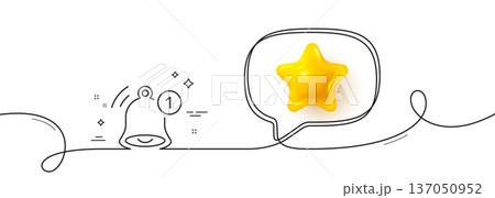 Reminder line icon. Continuous line with 3d star. Notice bell sign. Notification message symbol. 3d star in speech bubble. Reminder single line ribbon. Loop curve pattern. Vector Reminder line icon. Continuous line with 3d star. Notice bell sign. Notification message symbol. 3d star in speech bubble. Reminder single line ribbon. Loop curve pattern. Vector 137050952