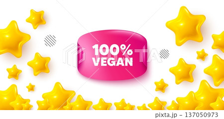 Vegan food sticker stars banner. 3d stars background. 100 percent vegan tag. Organic bio food sign. Vegetarian product symbol. Winner sparkle banner. Promo background. Vector 137050973