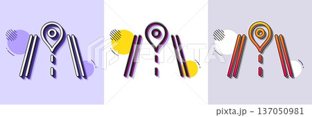 Road line icon. Halftone dotted pattern. Gradient icon with grain shadow. Journey path sign. Highway route gps symbol. Line road icon. Various designs. Vector 137050981
