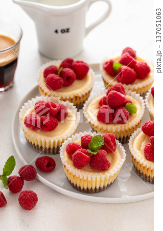 Mini cheesecakes topped with fresh raspberries on a serving plate Mini cheesecakes topped with fresh raspberries on a serving plate 137051063