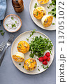 Egg bites with bacon and cheddar cheese, healthy breakfast meal prep idea 137051072