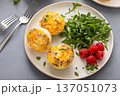 Egg bites with bacon and cheddar cheese, healthy breakfast meal prep idea 137051073