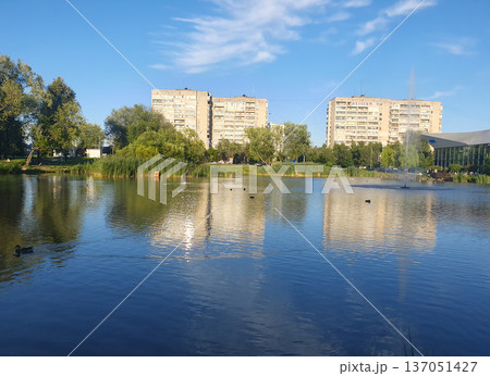A sunny summer day in the city, where a quiet lake reflects the bright blue sky 137051427