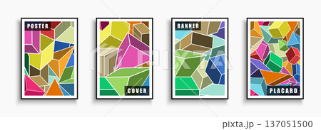 Collection of vector colorful artwork posters with mosaic abstract geometric shapes. Creative covers in modern art fashion style. Bright trendy placards, brochures, banners, backgrounds 137051500