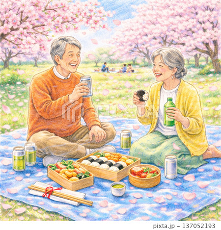 お花見するシニア夫婦 137052193