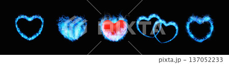 Blue fire burning ring heart shapes on black, flaming love symbol frames, realistic fiery hearts with flame vector set 137052233