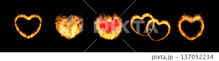 Fire burning heart shapes on black, flaming love symbol frames, realistic fiery hearts with tongues of flame vector set 137052234