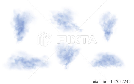 Blue dust powder with flying sand smog, dust haze cloud overlay texture, random sandy-smoke splashes vector set 137052240