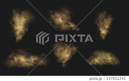 Dust brown powder cloud with flying sand particles, vector realistic sandy-smoke overlay texture transparent background Dust brown powder cloud with flying sand particles, vector realistic sandy-smoke overlay texture transparent background 137052241