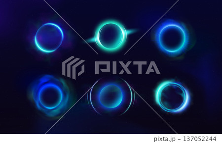 Sphere with blue neon halo effect, glowing rings with luminous smoke aura and rays on dark background vector design Sphere with blue neon halo effect, glowing rings with luminous smoke aura and rays on dark background vector design 137052244