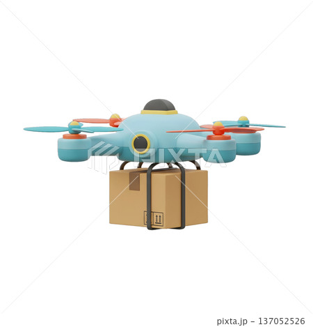 Image of a sophisticated logistics drone carrying cardboard packages in an industrial frame. 137052526