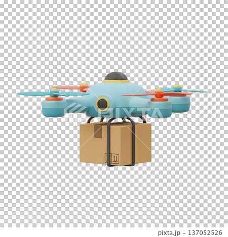 Image of a sophisticated logistics drone carrying cardboard packages in an industrial frame. 137052526