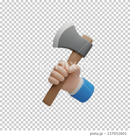3D Cartoon Character Hand Holding a Wooden Hatchet Axe 137052601